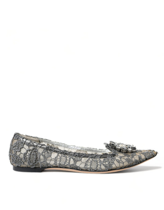 Dolce & Gabbana Elegant Silver Floral Lace Flat Shoes