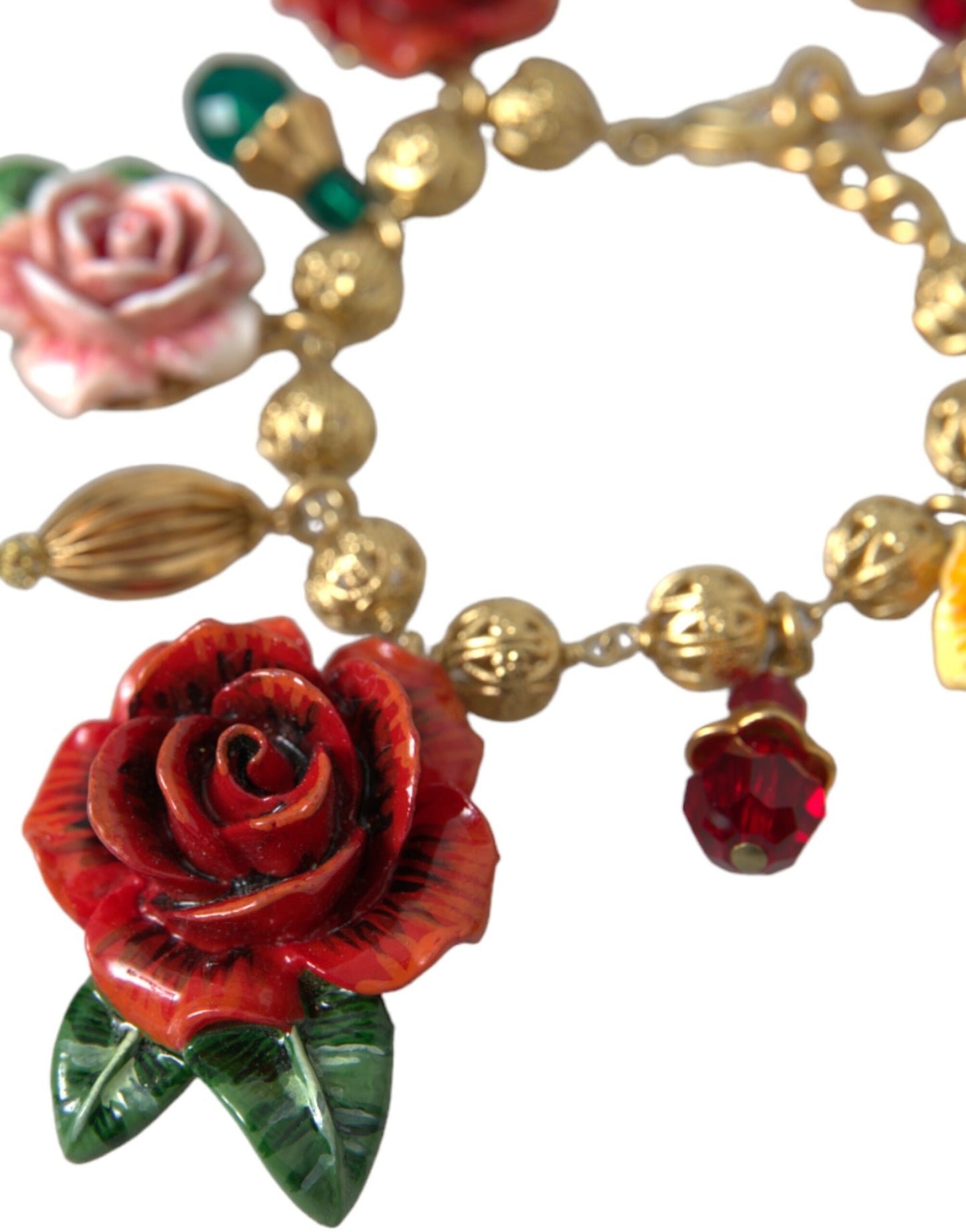 Dolce & Gabbana Gold Brass Multicolor Crystal Rose Ball Chain Bracelet