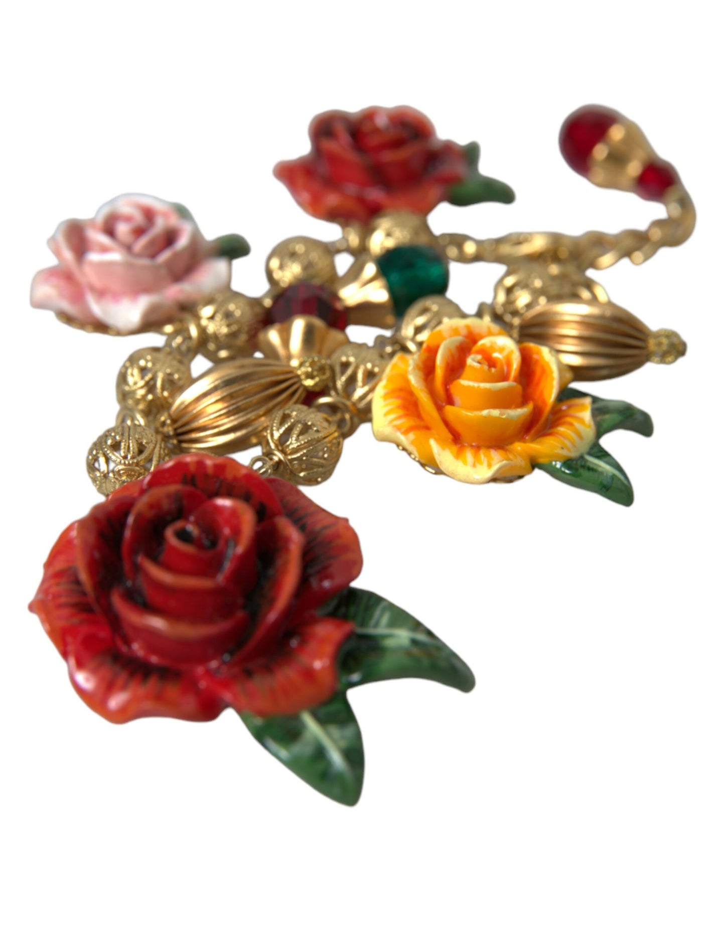 Dolce & Gabbana Gold Brass Multicolor Crystal Rose Ball Chain Bracelet