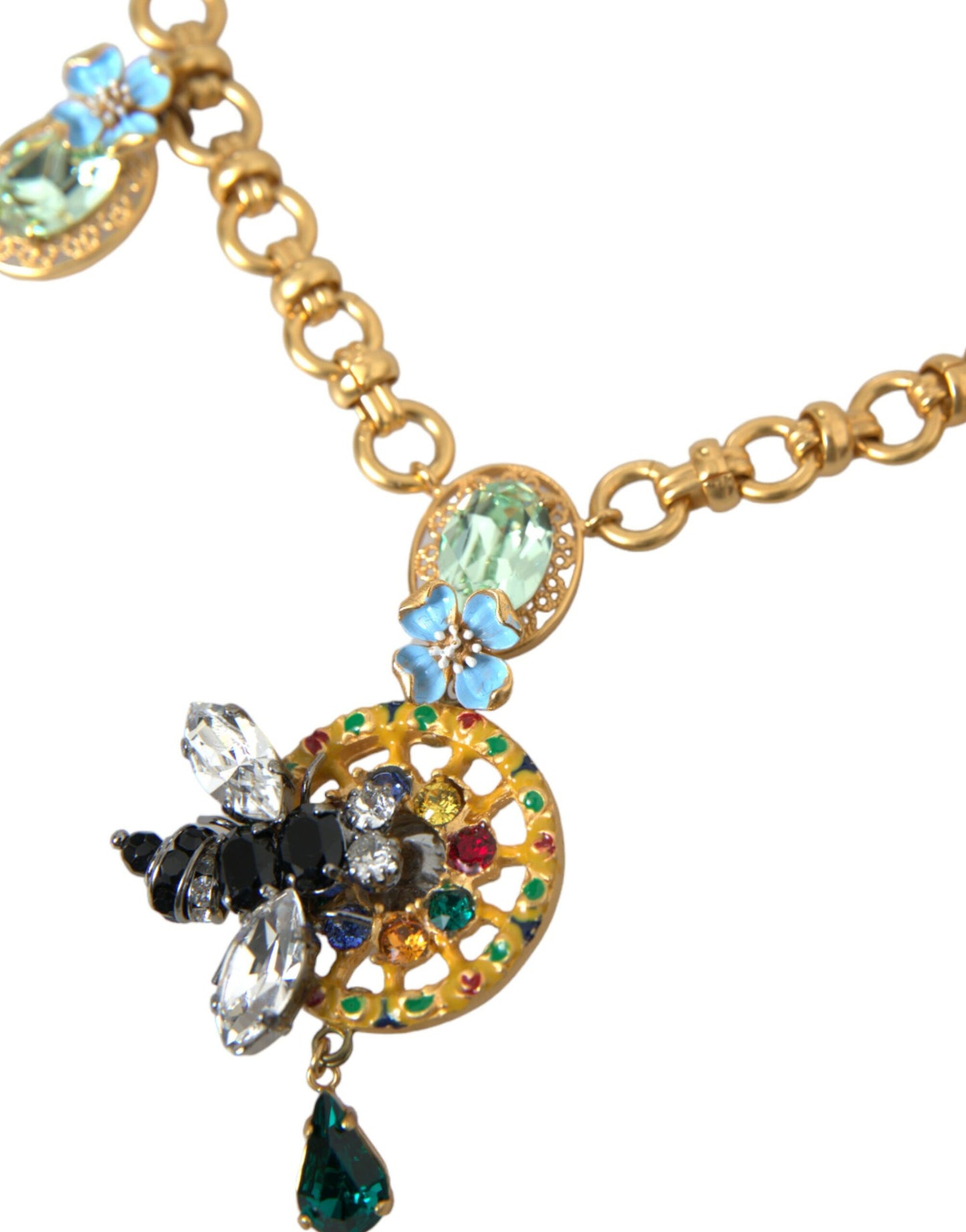 Dolce & Gabbana Gold Brass Chain Crystal Bee Pendant Charm Necklace
