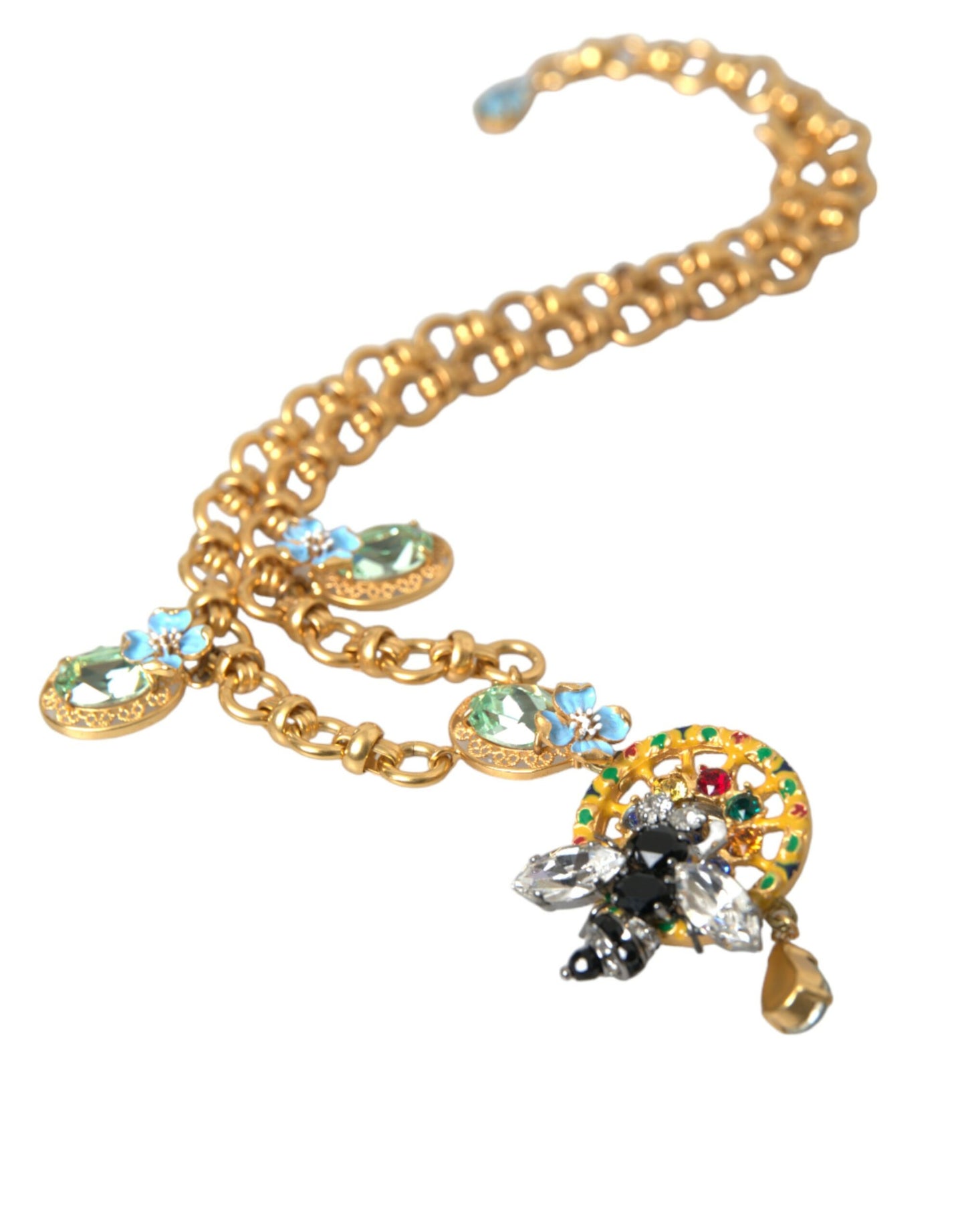 Dolce & Gabbana Gold Brass Chain Crystal Bee Pendant Charm Necklace