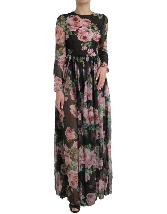 Dolce & Gabbana Elegant Black Silk Maxi Dress with Rose Print