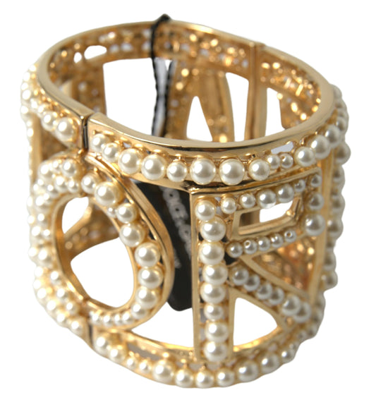 Dolce & Gabbana Elegant Gold Cuff with AMORE & Faux Pearls