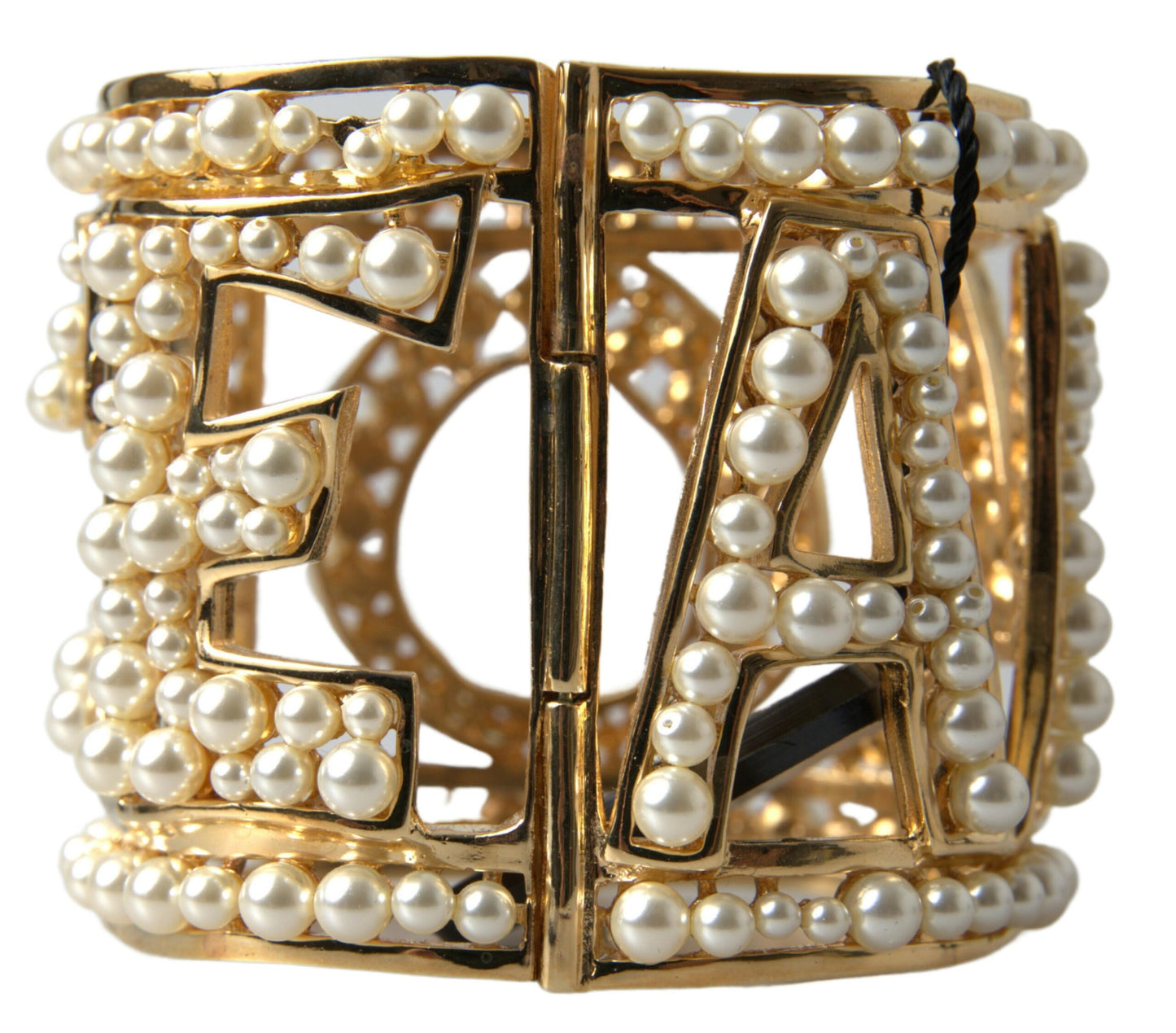 Dolce & Gabbana Elegant Gold Cuff with AMORE & Faux Pearls