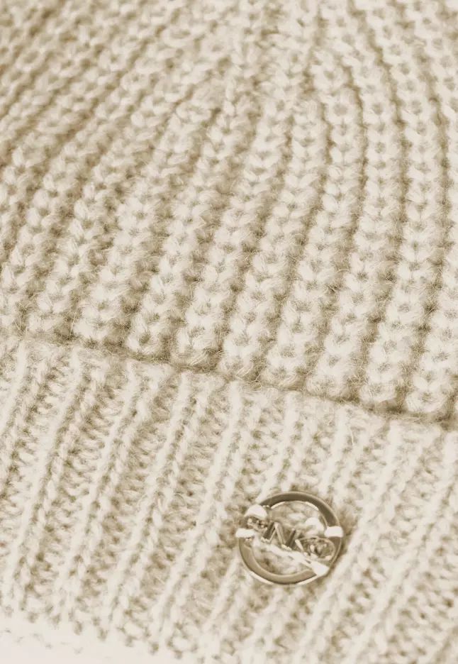 PINKO Cream Ribbed Beanie with Metal Logo Accent