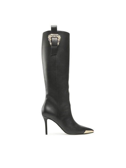 Versace Jeans Elegant Knee-High Stiletto Boots with Baroque Buckle