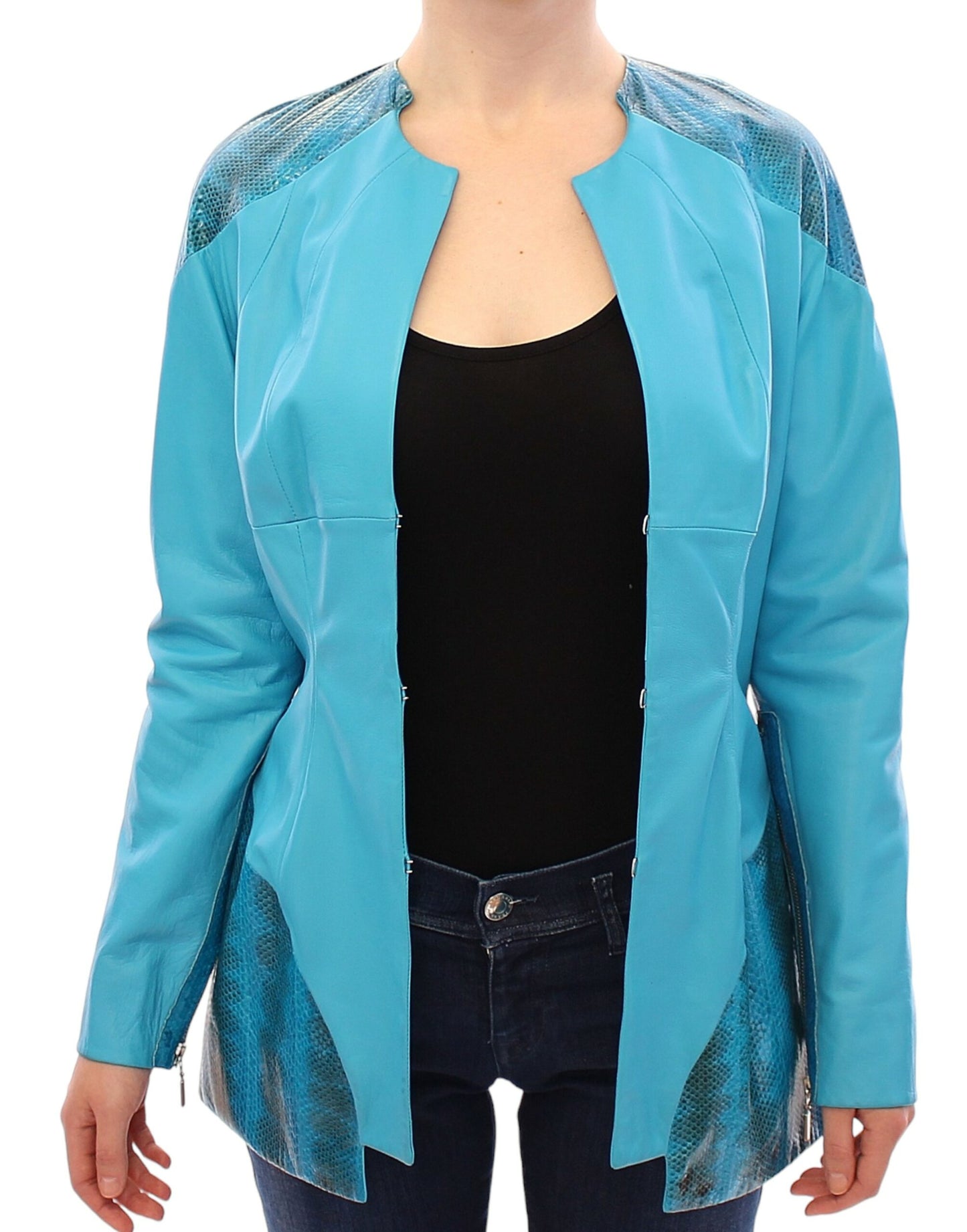 Vladimiro Gioia Exquisite Blue Leather Jacket with Snake Print Detail
