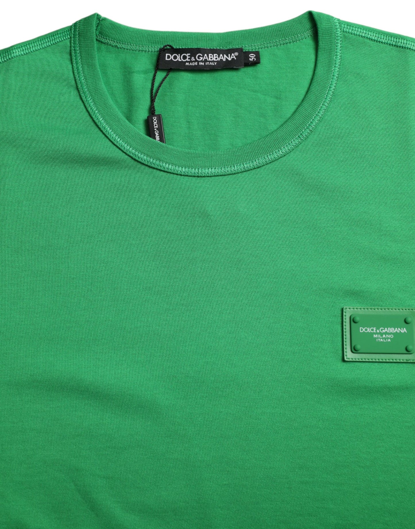 Dolce & Gabbana Green Logo Patch Cotton Crew Neck T-shirt