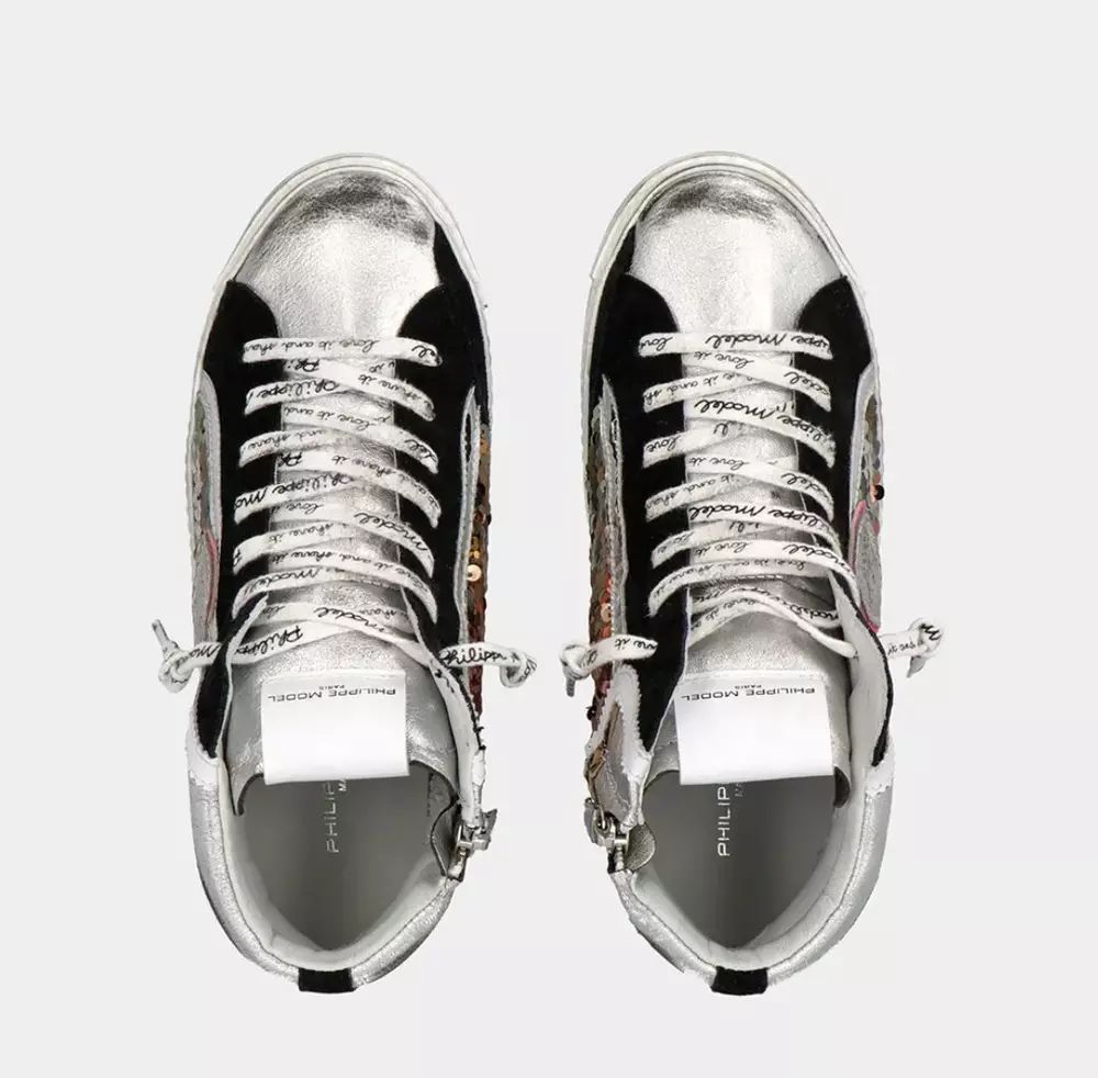 Philippe Model Elegant Gray Leather Sneakers with Sequin Details