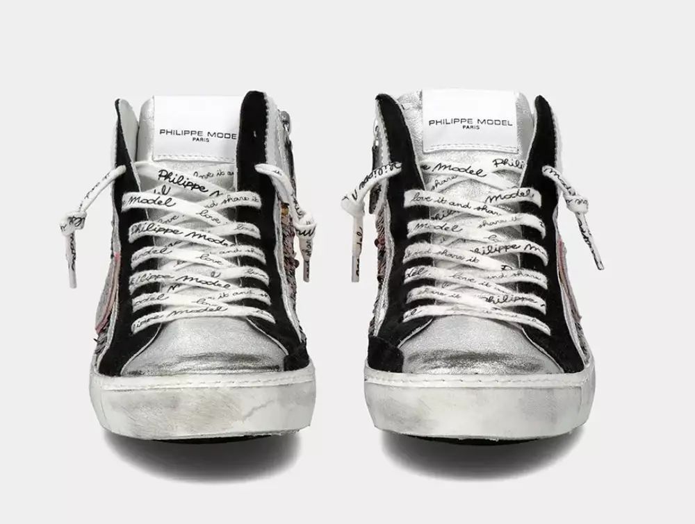 Philippe Model Elegant Gray Leather Sneakers with Sequin Details