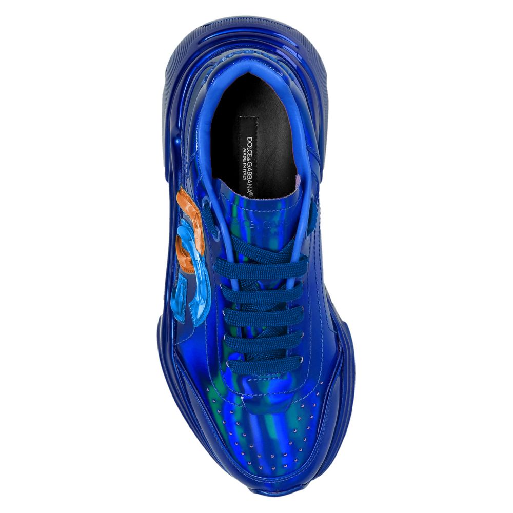 Dolce & Gabbana Metallic Blue Calfskin High Sneakers with Unique Accents