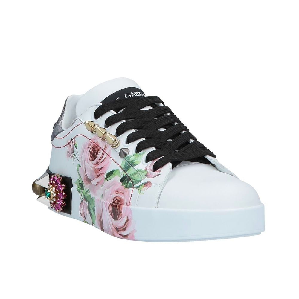Dolce & Gabbana Chic White Calfskin Sneakers with Rose Detail