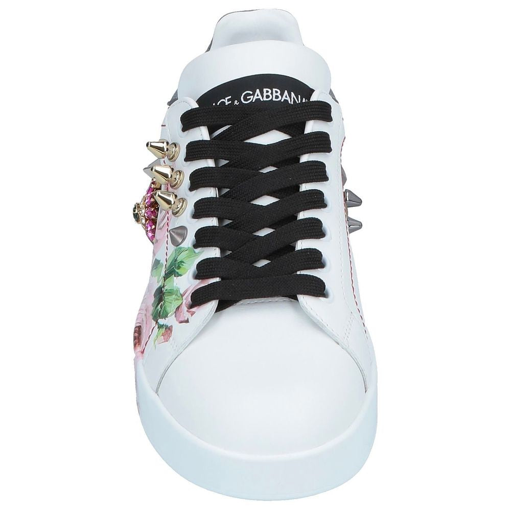 Dolce & Gabbana Chic White Calfskin Sneakers with Rose Detail